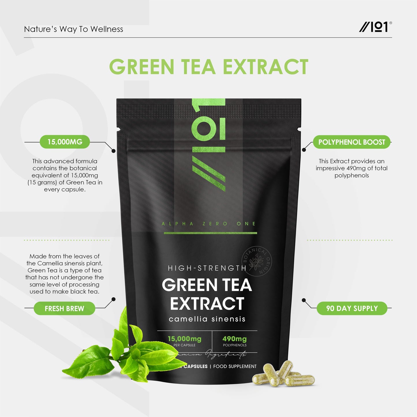 Green Tea Extract 15,000mg - High Strength 95% Polyphenols (490mg per Capsule) - 90 Vegan Capsules (3 Months Supply) - Resealable and Recyclable Pouch - by Alpha01