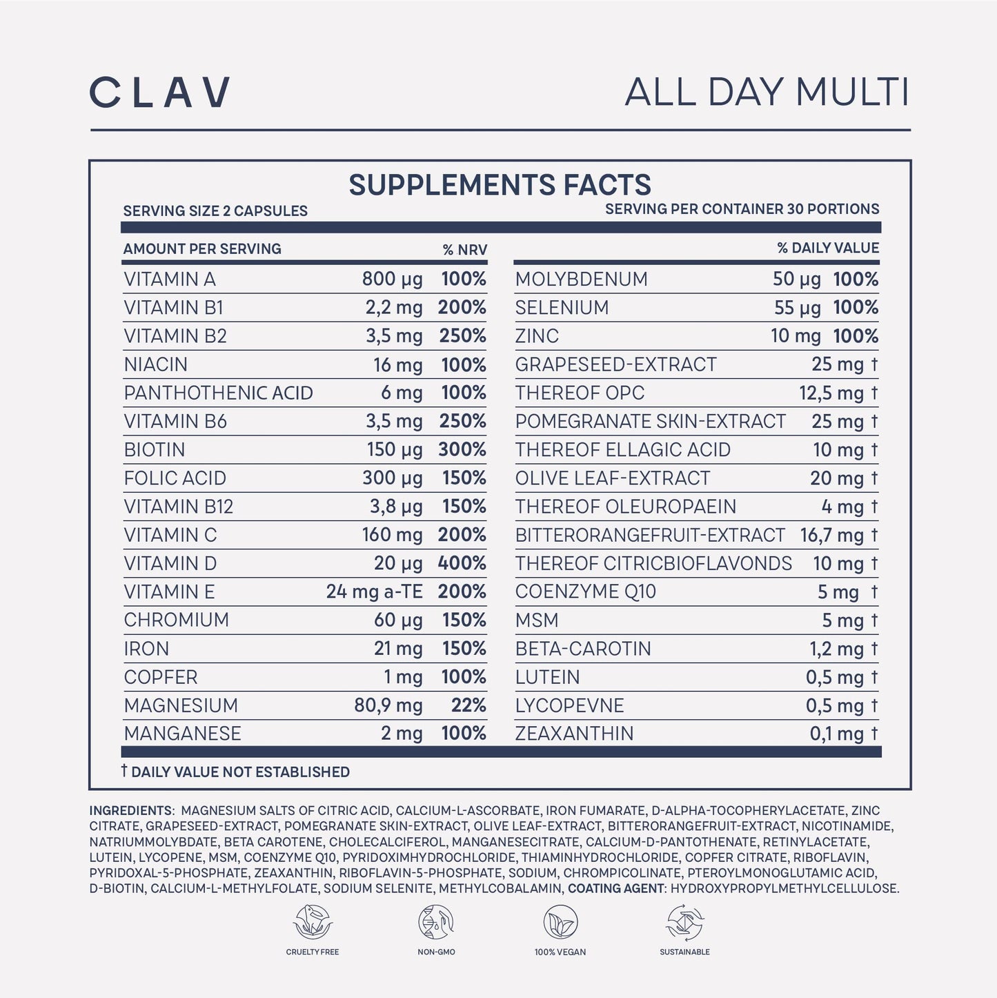 CLAV All Day Multi - A-Z Multivitamins and Minerals - 30 Valuable Vitamins, Minerals, Trace Elements & Plant Extracts - All in One Premium Multi Vitamin for Men and Women - Natural & Vegan