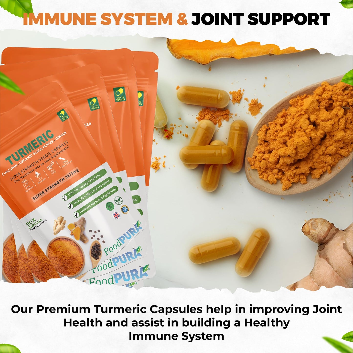 FoodPURA Turmeric Curcumin Capsules with Black Pepper & Ginger High Strength 3675mg HACCP Certified, Manufactured in The UK by FoodPURA (90)