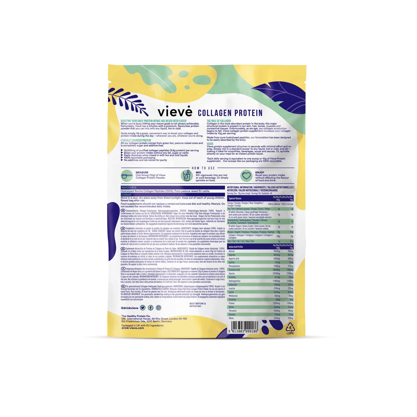 Vieve Collagen Protein Powder - Hydrolysed Bovine Peptides - Diet Support Supplement for Skin, Hair, Nail Health - Non-GMO, EU Grass-Fed, Pasture-Raised Cattle - No Dairy or Sugar, Flavourless, 400g