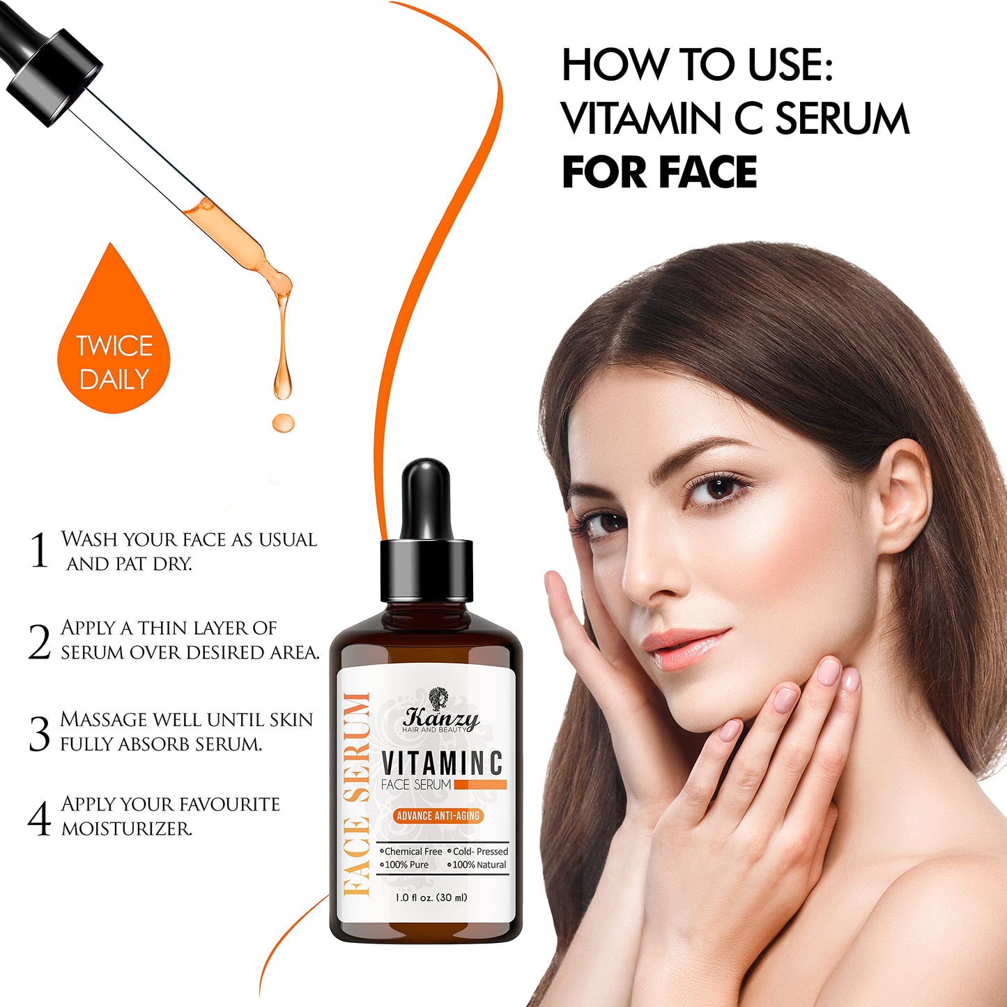 KANZY HAIR AND BEAUTY Kanzy Vitamin C Serum for Face with 20% Hyaluronic Acid Anti-Aging, Anti-Wrinkle, Dark circles & Fine Lines Facial Serum Boost Skin Collagen, Moisturizer for Skin 30ml