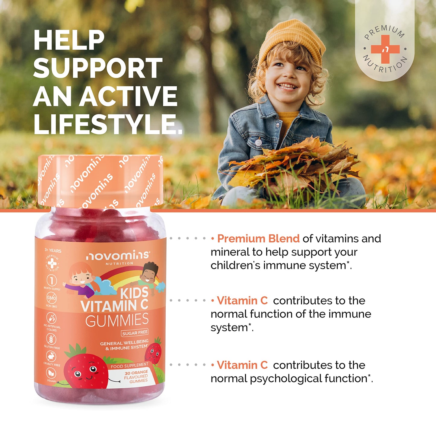 Novomins Kids Vitamin C Gummies - Sugar Free – Chewable Vitamin C for Children – with Added Bioflavonoids, Rose Hip, Elderberry & Zinc - Immune System Support - Vegan- Gluten Free