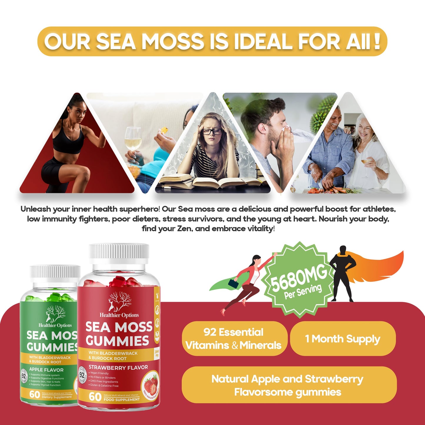 Healthier Options Irish Sea Moss Gummies with Bladderwrack & Burdock Root 5680 Mg | 60 Gummies | Apple Flavour | Vitamins & Minerals | Organic, Natural, Vegan, Gluten Free, Non GMO, High Strength