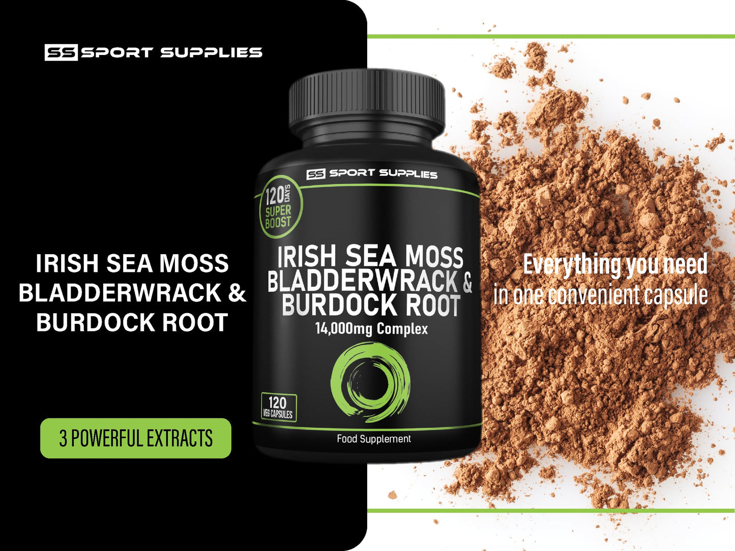 SS Sport Supplies Sea Moss Complex 14,000mg Extract Including Bladderwrack & Burdock Root - 120 High Strength Capsules Providing 120 Day Supply - North Atlantic Irish Sea Moss Supplement - Vegan & UK Made