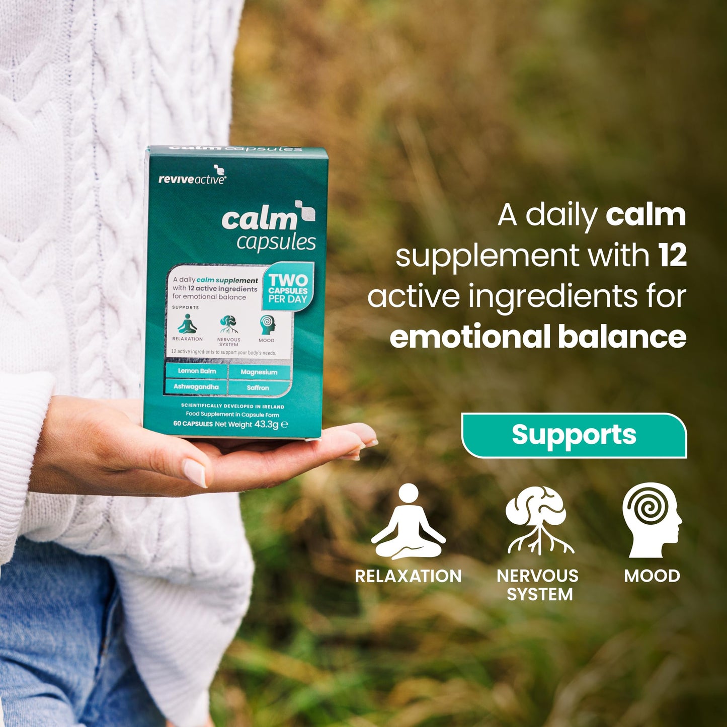 Revive Active Calm Capsules - 12 Active Ingredients in 1 Daily Sachet - Ashwagandha with Essential Vitamins and Magnesium - Supports Energy Levels, Nervous System, Relaxation & Mood - 60 Capsules