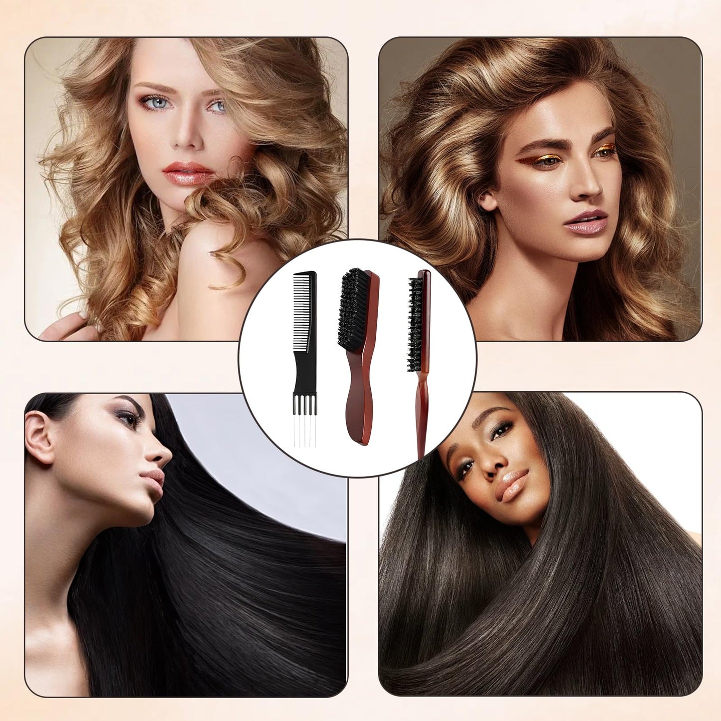 DOOCECIY 3 Pcs Slick Back Hair Brush Set, Smoothing Bristle Brush for Sleek Thick Curly Long Hair Beard