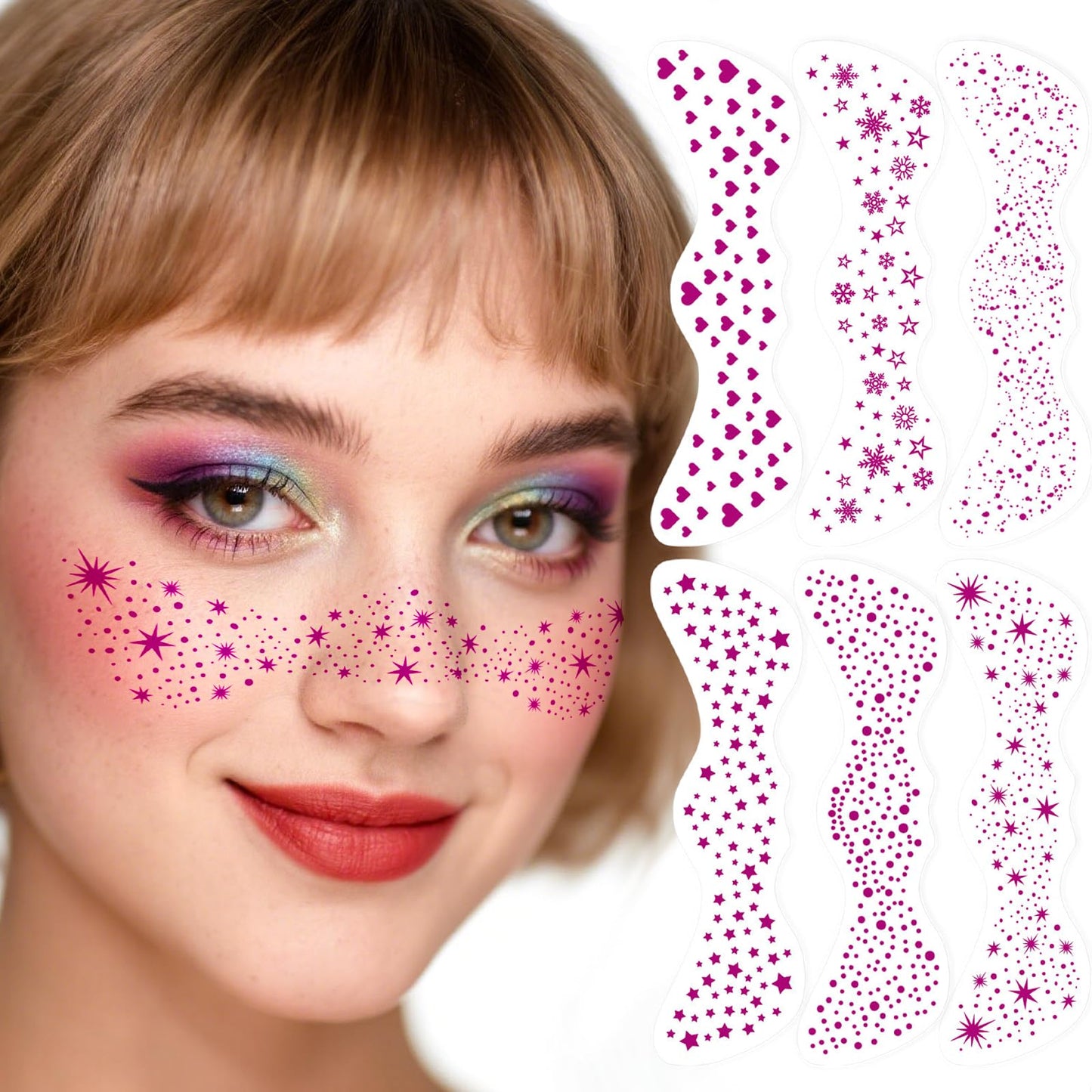 AmiCera Glitter Freckles Face Tattoo, 6 Pcs Face Glitter Freckles Gold for Kids Women, Fake Sparkle Temporary Tattoos Stickers for Girls and Adults Festival Makeup Accessories Face Decor, Maroon