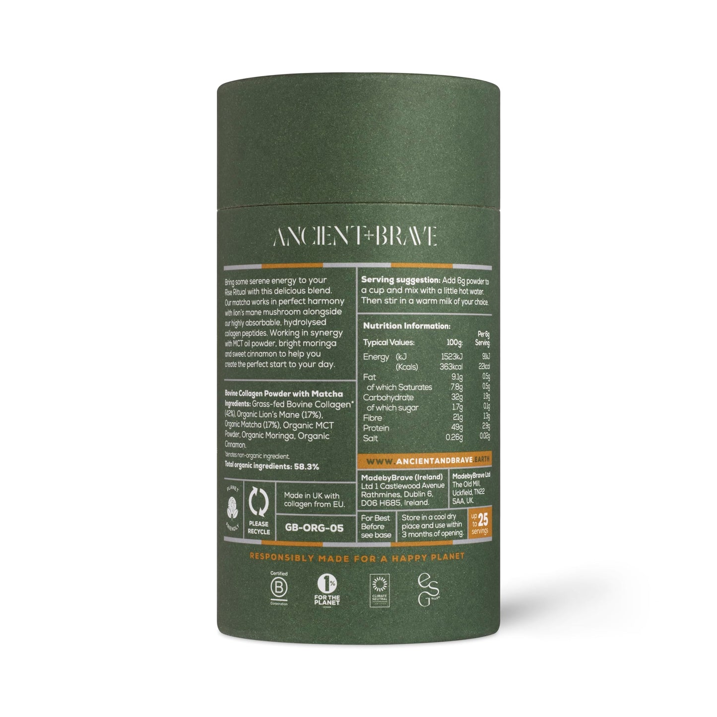 Ancient + Brave Matcha + Collagen 150g Tub - Lion's Mane Mushroom Powder Supplement - Hydrolysed Collagen Peptides - Radiant Skin, Hair & Nails
