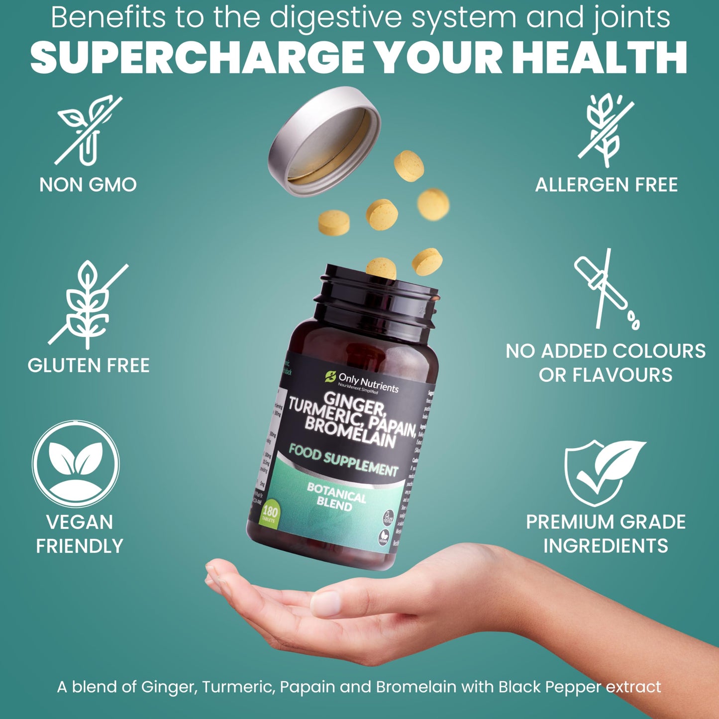 Only Nutrients | Ginger Turmeric Bromelain & Papain with Black Pepper Extract | 180 High Strength Botanical Anti-Inflammatory Tablet Supplements | GMP Approved | UK Made