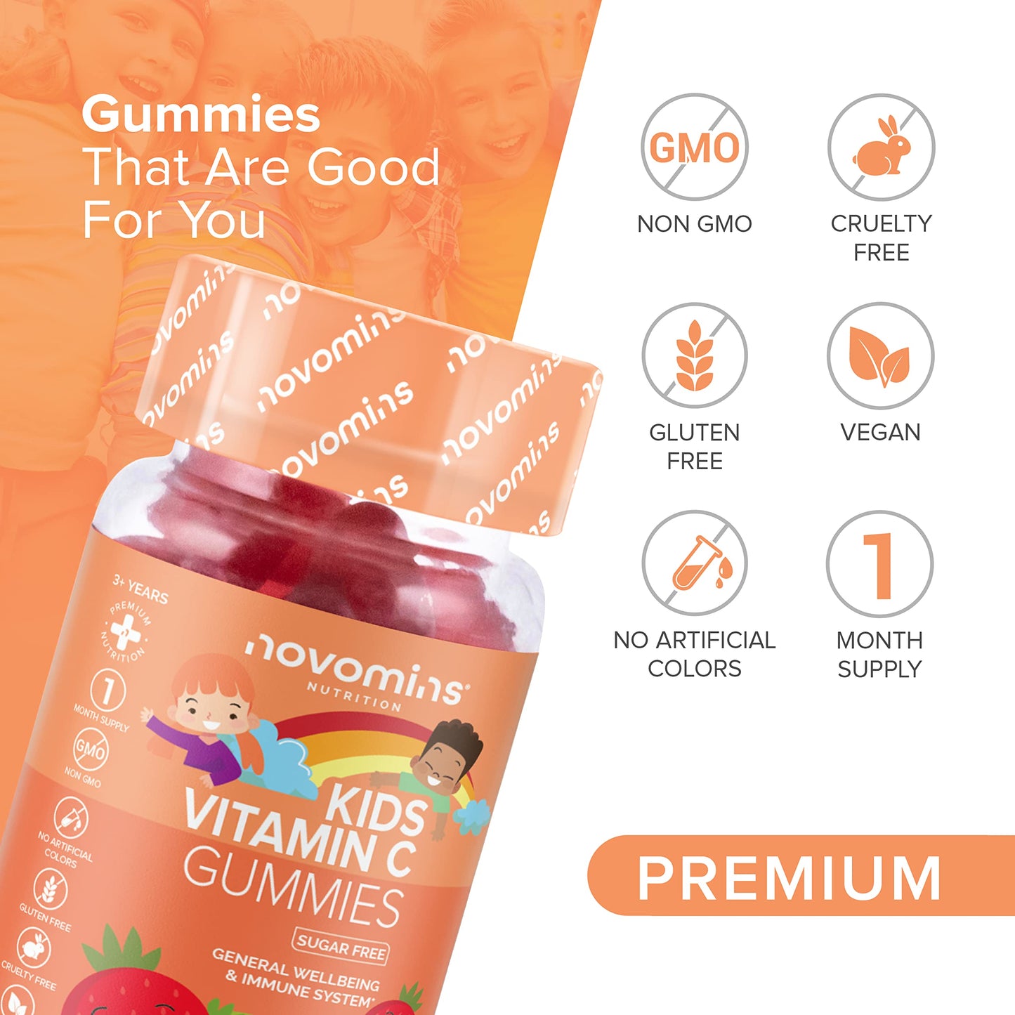 Novomins Kids Vitamin C Gummies - Sugar Free – Chewable Vitamin C for Children – with Added Bioflavonoids, Rose Hip, Elderberry & Zinc - Immune System Support - Vegan- Gluten Free