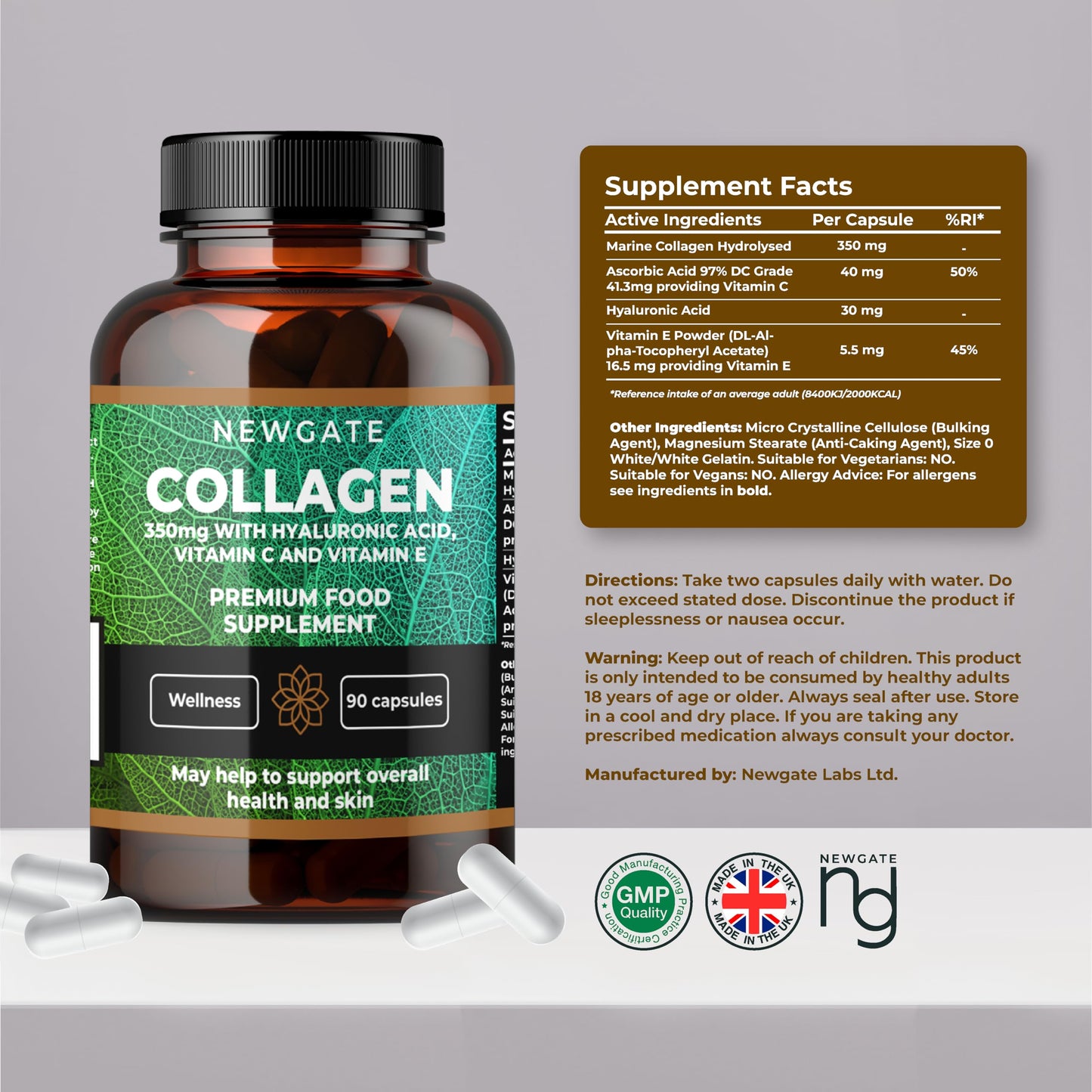 Newgate Labs Marine Collagen 350mg with Hyaluronic Acid, Vitamin C & Vitamin E - 120 High Strength Capsules - GMO Free - Halal - Made in The UK