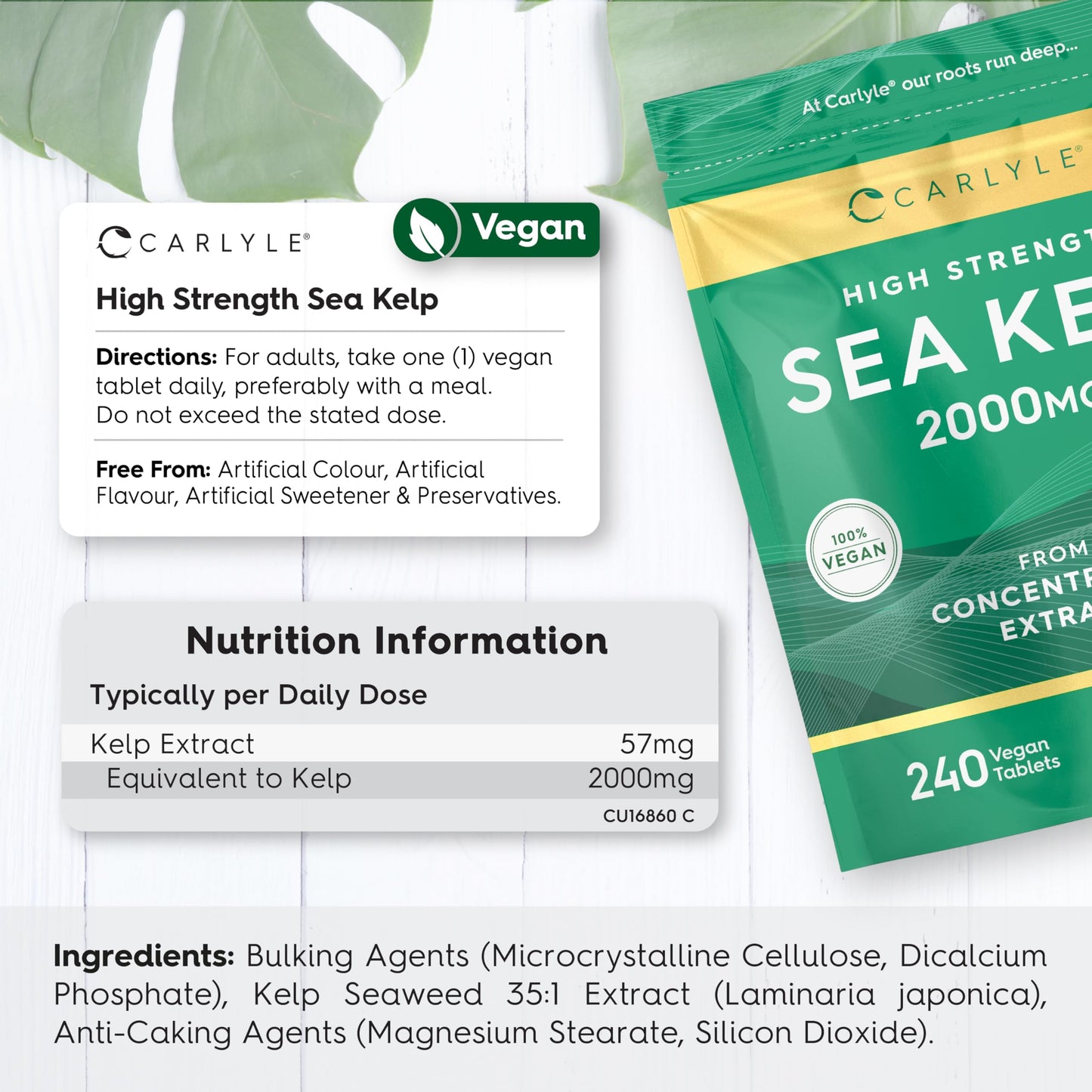 Sea Kelp Tablets 2000mg | 240 Vegan Tablets | High Strength Sea Kelp Supplements for Men & Women | by Carlyle
