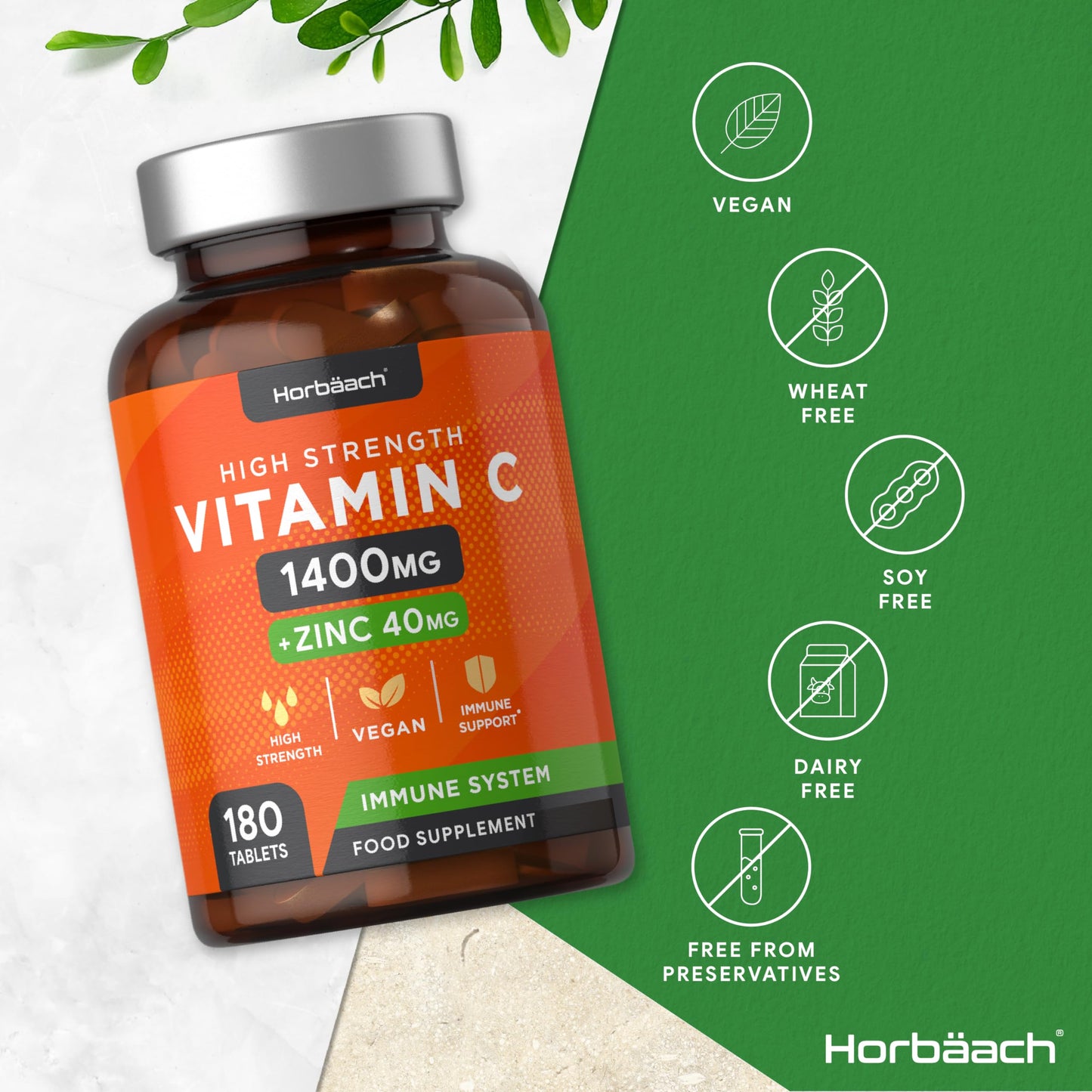Vitamin C and Zinc | 180 Vegan Tablets | High Strength Vitamin C 1400mg and Zinc 40mg | Immune System Support | by Horbaach