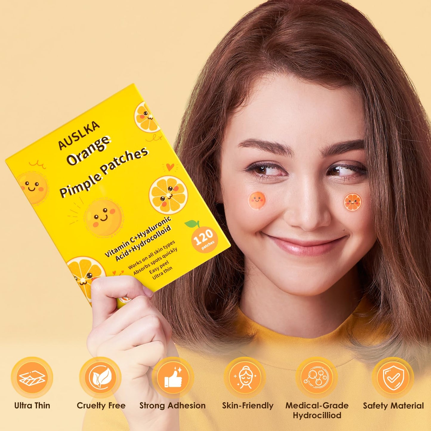 AUSLKA Pimple Patches Hydrocolloid Patches, Orange Shape Pimple Patches for Face, Zit Patches Contain Vitamin C, Cute Blemish Patches for Women, 120 Patches Cover Spot in Skin