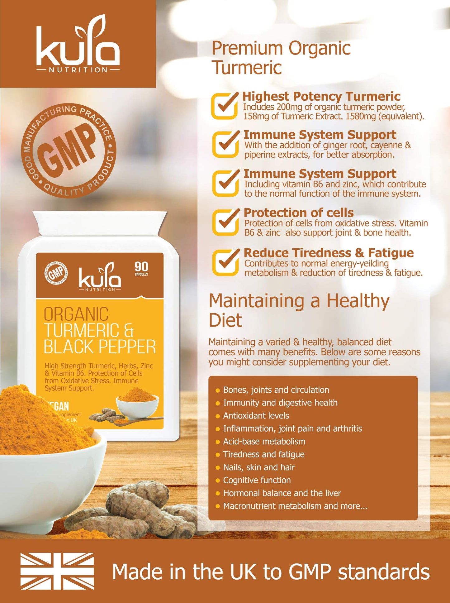Kula Nutrition Turmeric Supplements with Black Pepper High Strength 1580mg - 90 Vegan Turmeric and Black Pepper Capsules - Tumeric and Ginger Joint Care Supplements with Curcumin, Anti Inflammatory Tablets