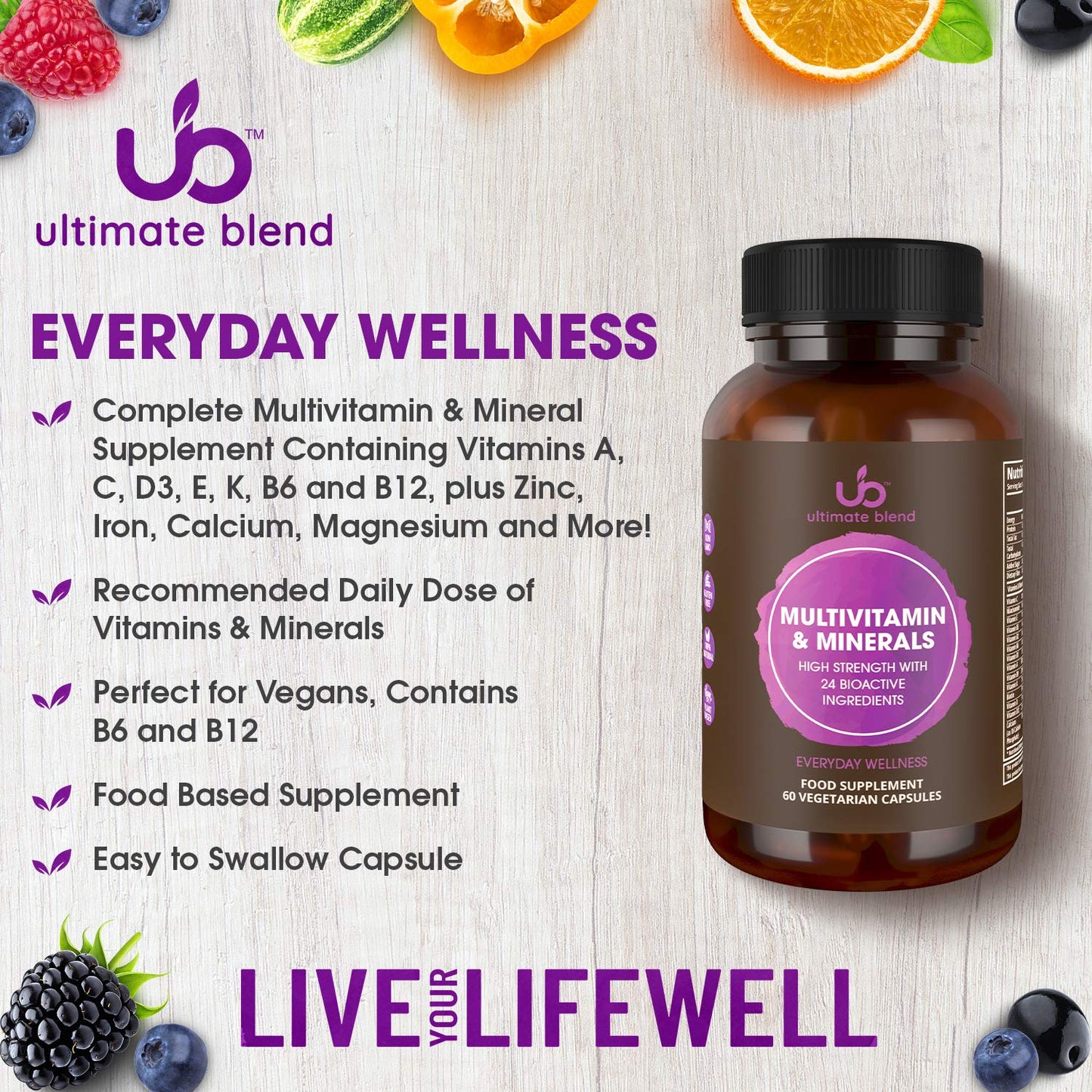 ub Ultimate Blend Multivitamin & Minerals | Once Daily Nutritional Support with 26 Bioactive Ingredients | Everyday Wellness Supplement | Vegan, Gluten Free | Boosts Energy & Immunity – 60 Vegan Caps…