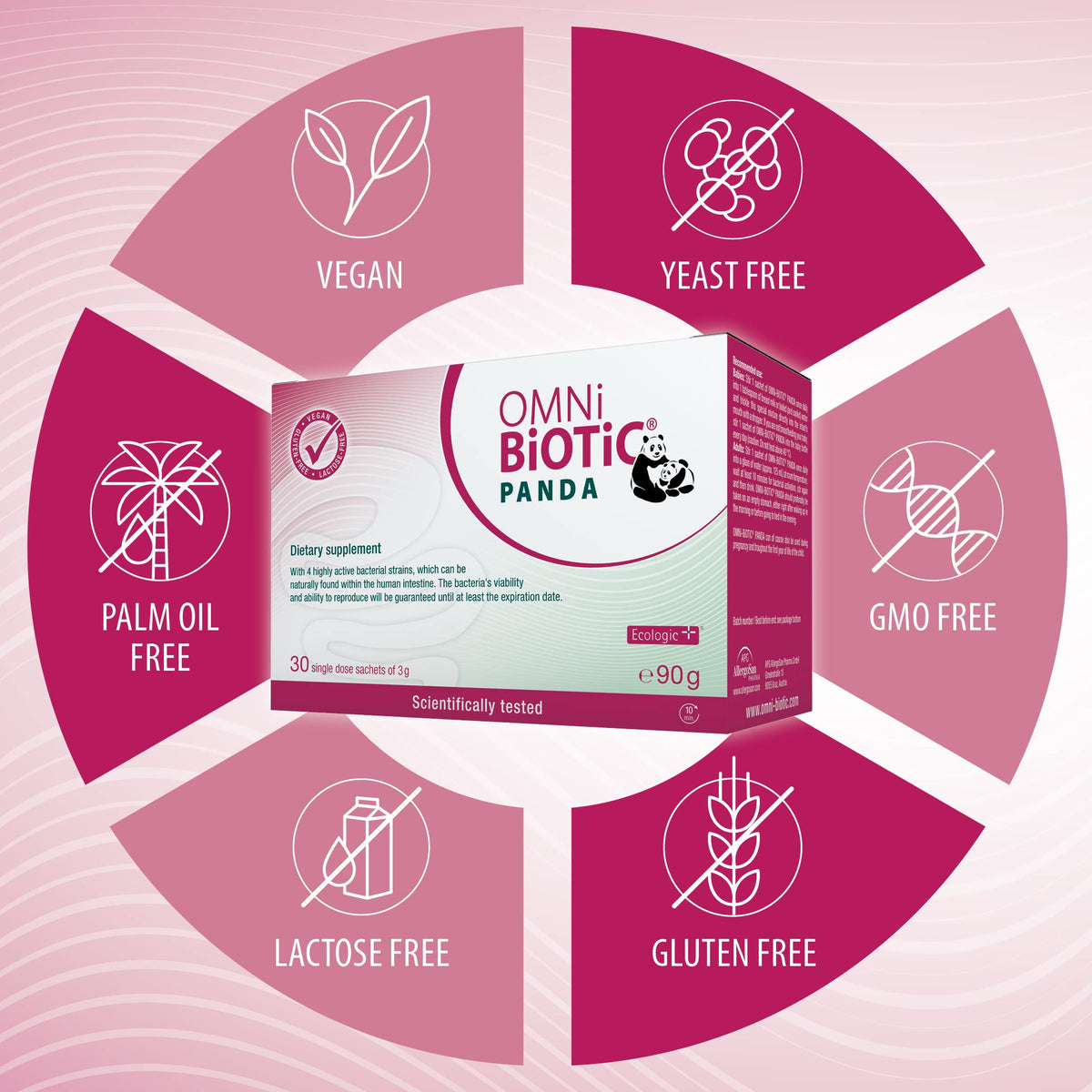 OMNi BiOTiC PANDA | 30 sachets (90g) | 4 bacterial strains | 3 billion bacteria per daily dose | Powder | Vegan | Gluten-free | Lactose-free | For daily use | Suitable for mother and child