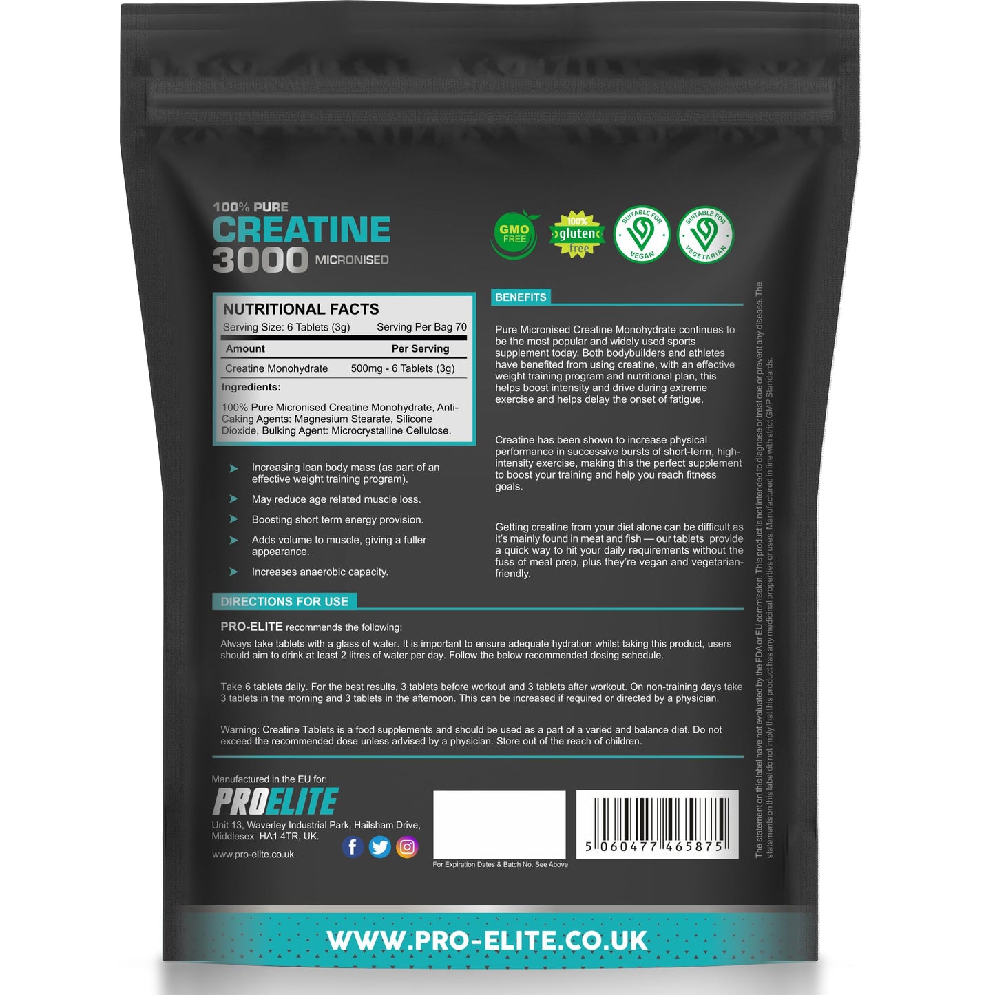 Creatine Monohydrate 3000mg - 420 Tablets - Gym Energy Supplement for Men & Women for Workout - Micronised Creatine Powder Capsules Alternative - Vegan & Keto Unflavoured by PROELITE