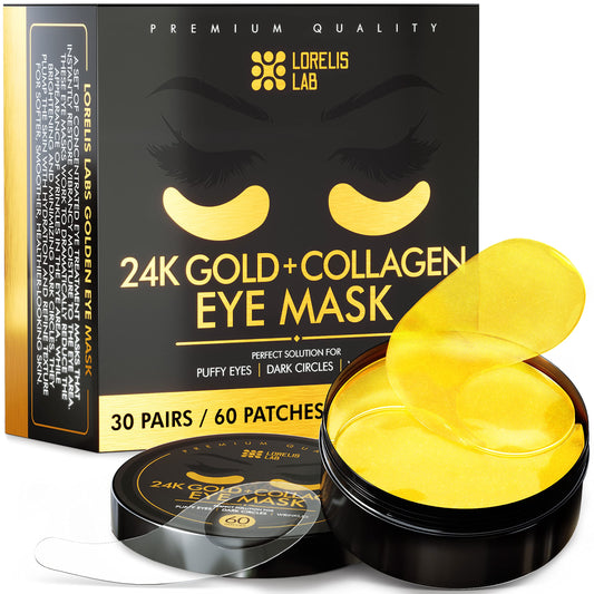 Lorelis Lab 24k Gold Eye Masks for Puffy Eyes and Dark Circles - Anti-Aging, Moisturizing Effect - Under Eye Patches with Collagen, Hyaluronic Acid for Eye Bags, Fine Lines, Wrinkles - Under Eye Masks, 30 Pairs