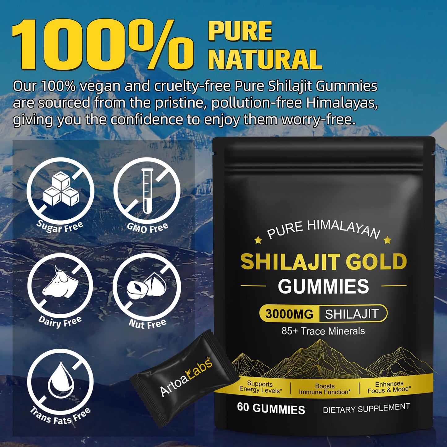 Generic Gold Shilajit Gummies for Men & Women, Shilajit Pure Himalayan Gummy 3000mg, Energy & Boost Immune Support, Enhances Focus, Gluten Free & Vegan (60 Gummies)