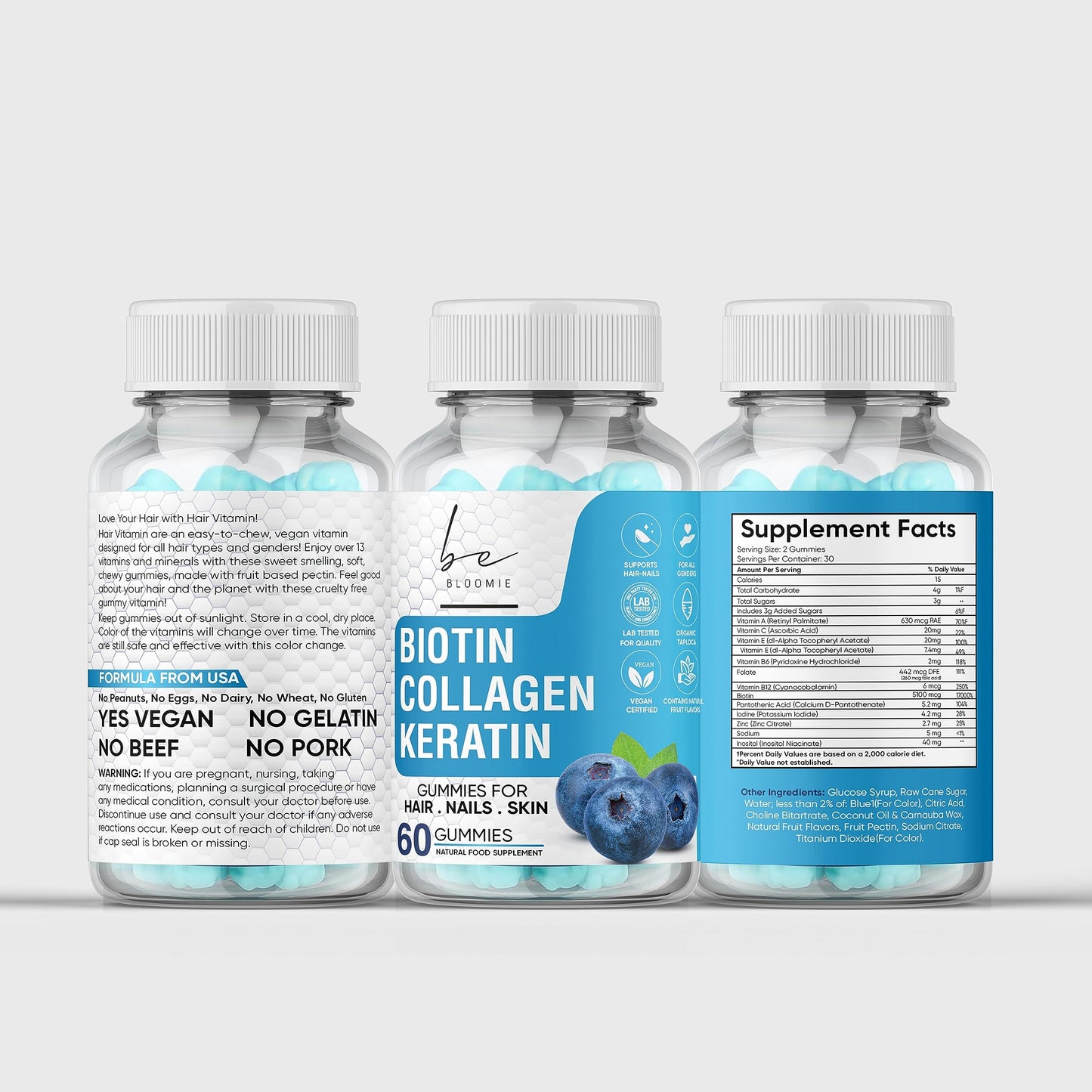 BeBloomie Biotin Collagen Keratin - Premium Supplement for Women and Men - Vitamins for Hair, Skin and Nails - 60 Gummies