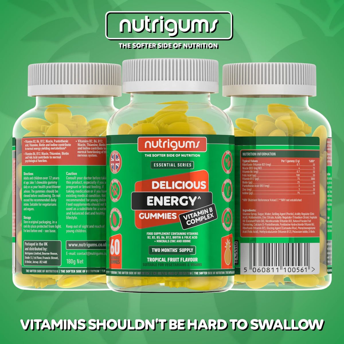 Nutrigums Energy Vitamin B Complex Gummy | Vitamins B2, B3, B5, B6, B12 & Folic Acid with Zinc and Iodine | Tropical Fruit Flavour | 60 Vegan Gummies | Energy Support & Psychological Function by NUTRIGUMS®