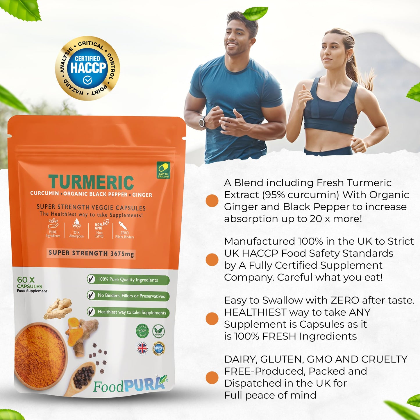FoodPURA Turmeric Curcumin Capsules with Black Pepper & Ginger High Strength 3675mg HACCP Certified, Manufactured in The UK by FoodPURA (60)
