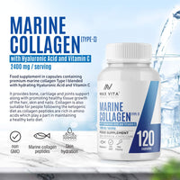 Marine Collagen Type 1 2400mg - 120 Capsules Supplement with Hyaluronic Acid and Vitamin C - High Strength Premium Hydrolysed Collagen Peptides Powder for Healthy Skin Bones & Joints Support