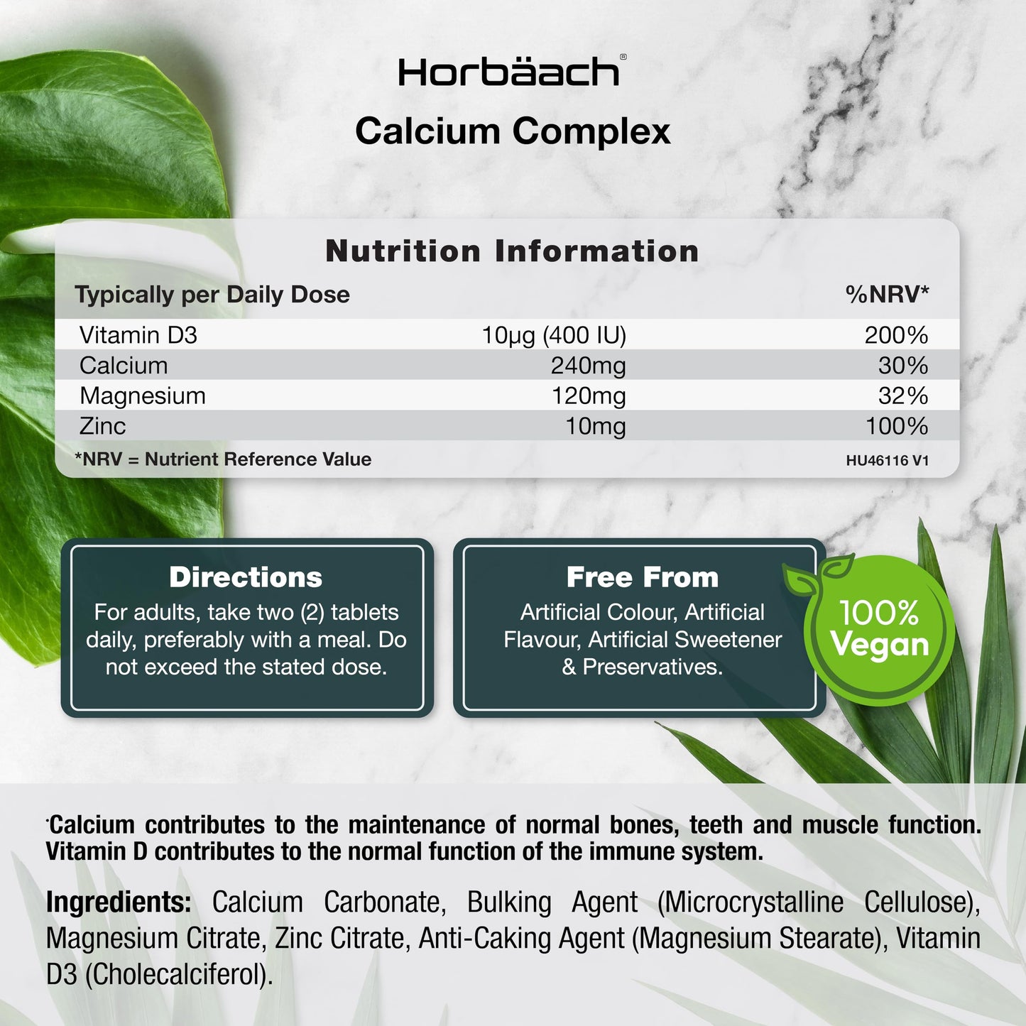 Horbäach Calcium Tablets | Calcium, Magnesium, Zinc and Vitamin D | High Strength Complex | 120 Vegan Tablets | Supplement for Women & Men | Horbaach