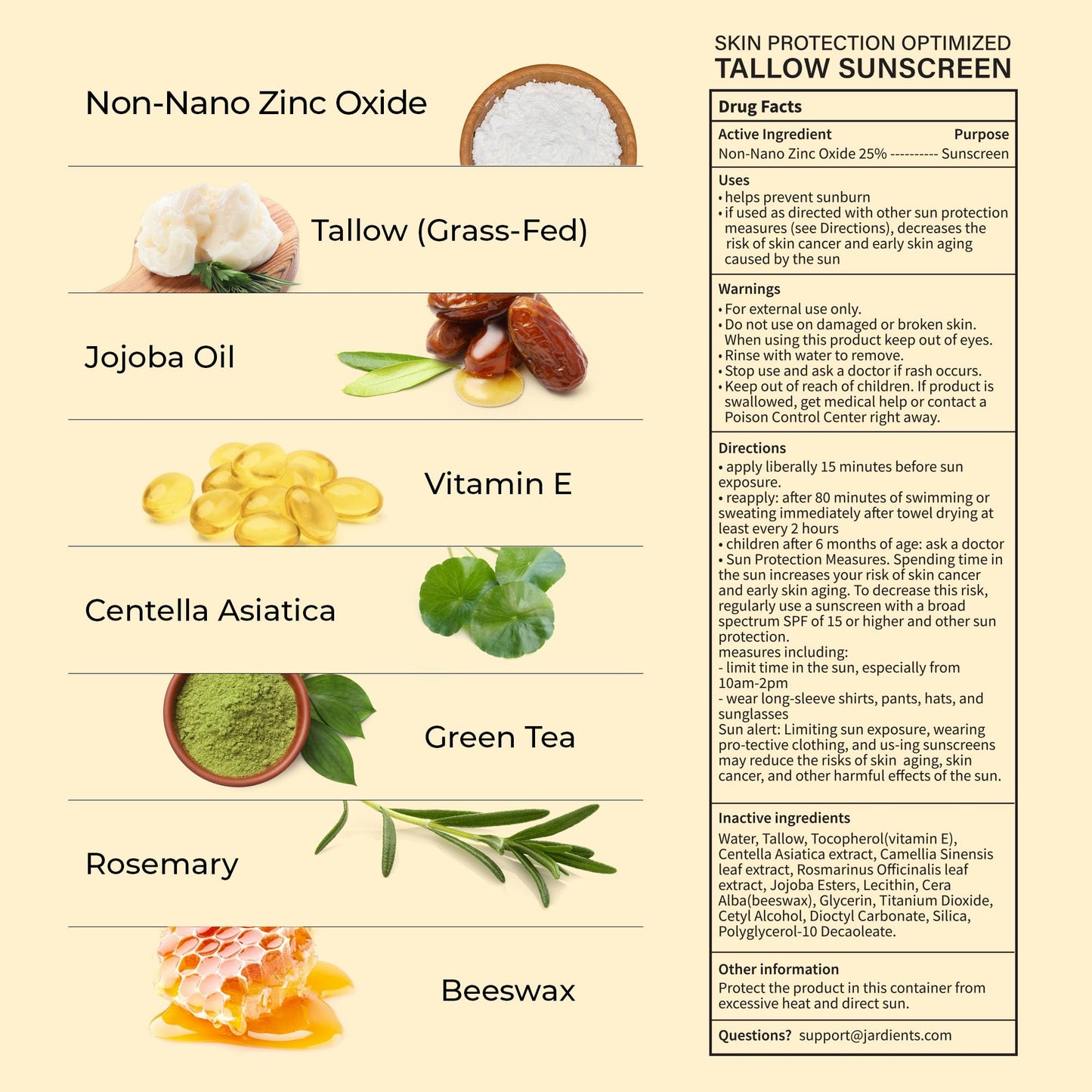 Jardient Beef Tallow Sunscreen SPF 50 with Mineral : Instant Sun Protection-Non Nano Zinc Oxide Sunblock-Beach Jogging Outdoor Sports - 3 Fl oz, 85g