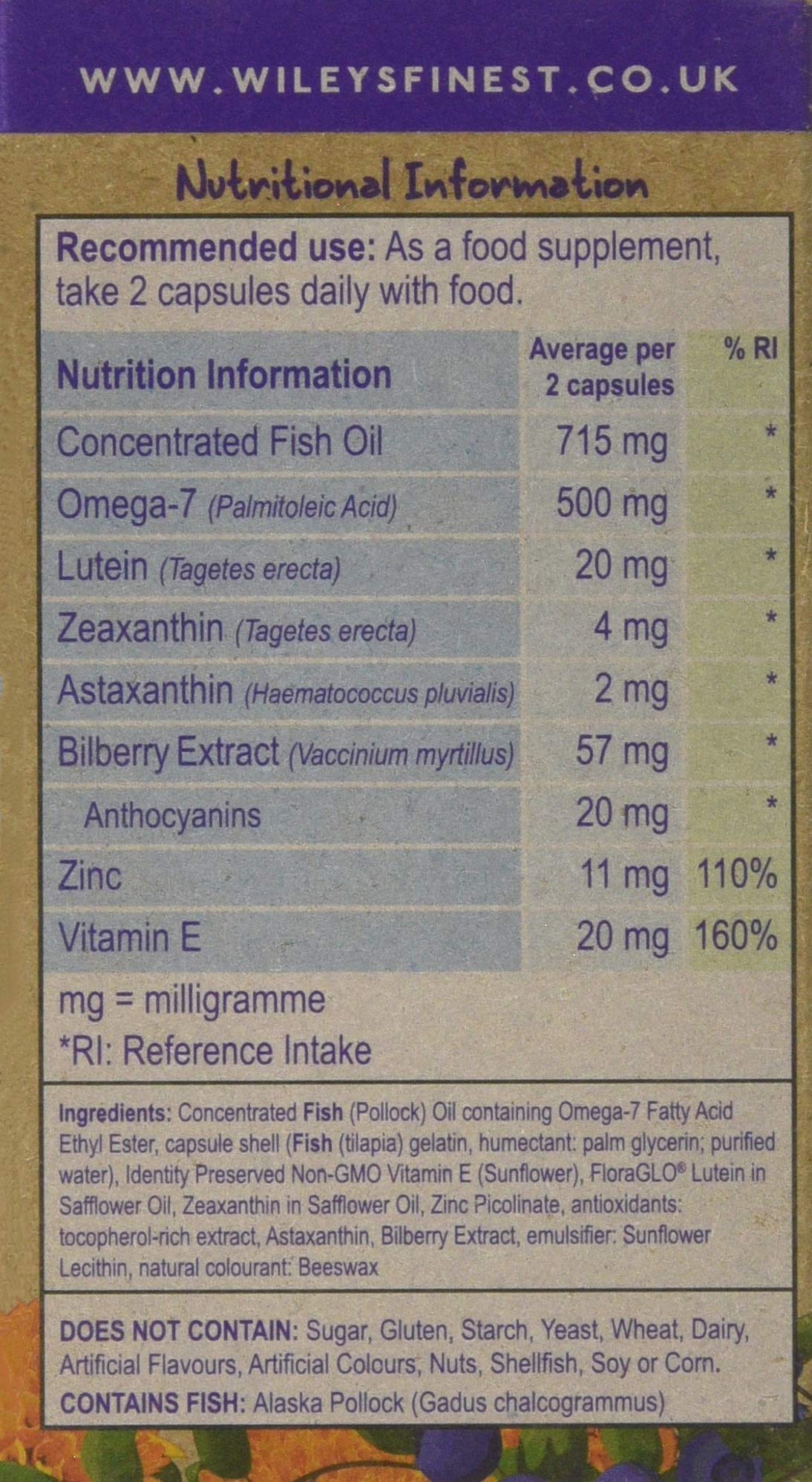 Wiley’s Finest Bold Vision Eye Health and Vision Supplement with Lutein, Zeaxanthin, Bilberry, Omega-7, Astaxanthin plus Vitamin E and Zinc Capsules 60 Count