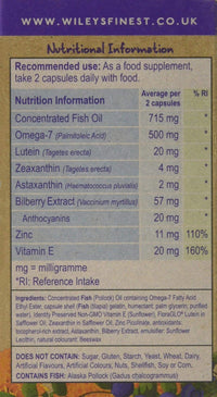 Wiley’s Finest Bold Vision Eye Health and Vision Supplement with Lutein, Zeaxanthin, Bilberry, Omega-7, Astaxanthin plus Vitamin E and Zinc Capsules 60 Count