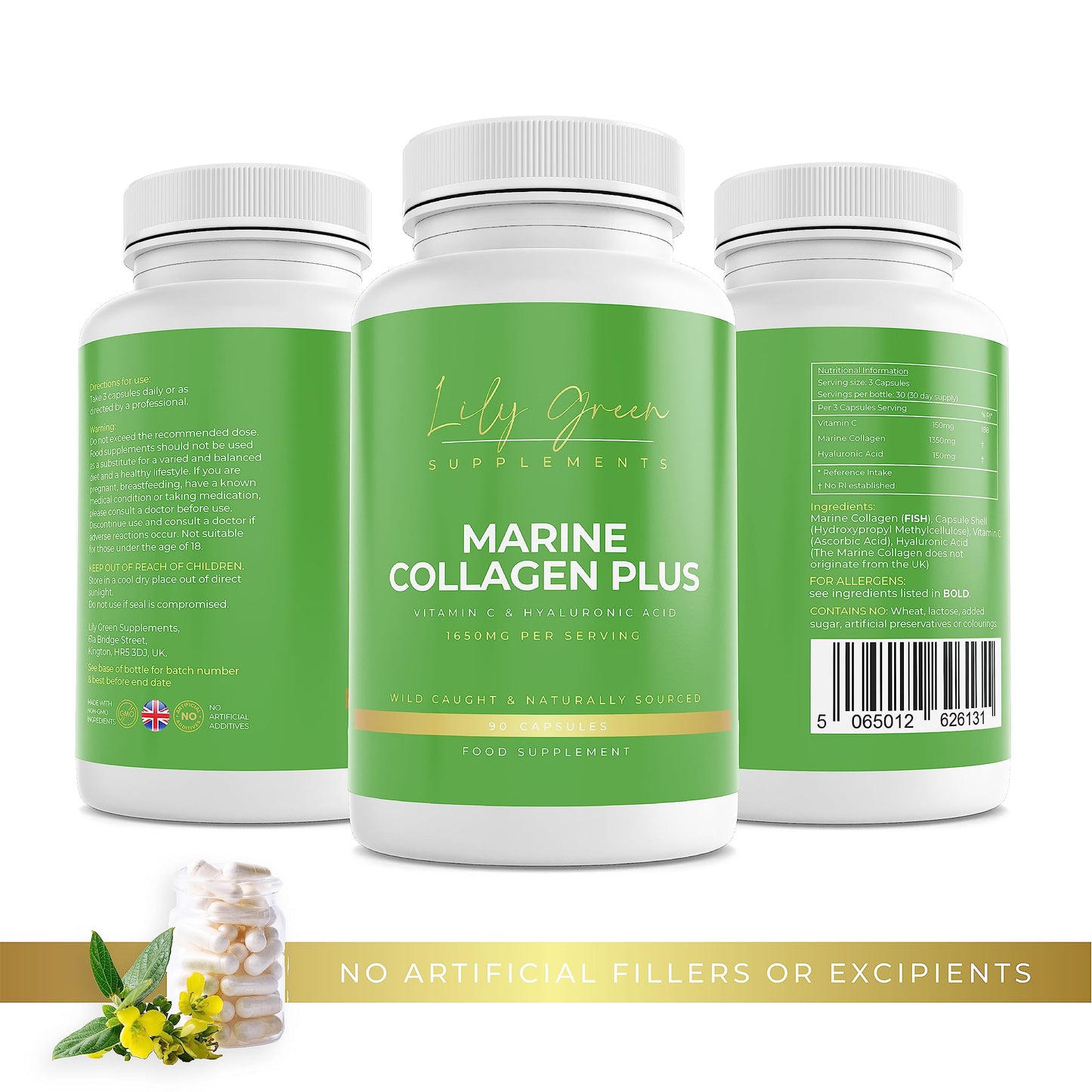 Lily Green Supplements Lily Green | Marine Collagen with Hyaluronic Acid & Vitamin C - 1650mg per Serving | 90 Capsules | Hydrolysed Type 1 Collagen for Women & Men | No Additives | Made in UK