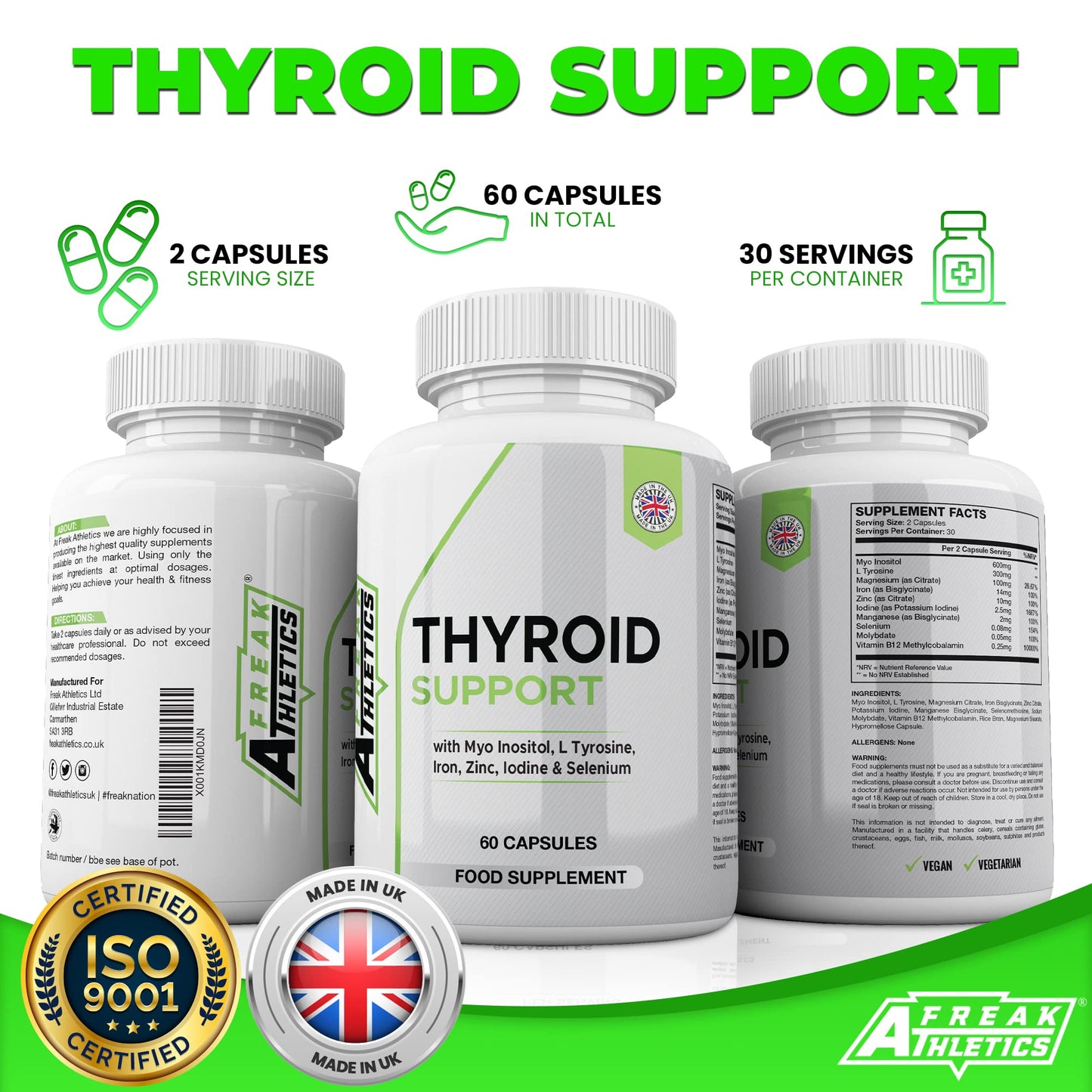 Freak Athletics Thyroid Support Supplement - 60 Capsules - Includes Myo inositol, L-Tyrosine, Iron, Magnesium, Zinc, Manganese, Selenium, Vitamin B12 - Contributes to The Reduction of Tiredness & Fatigue