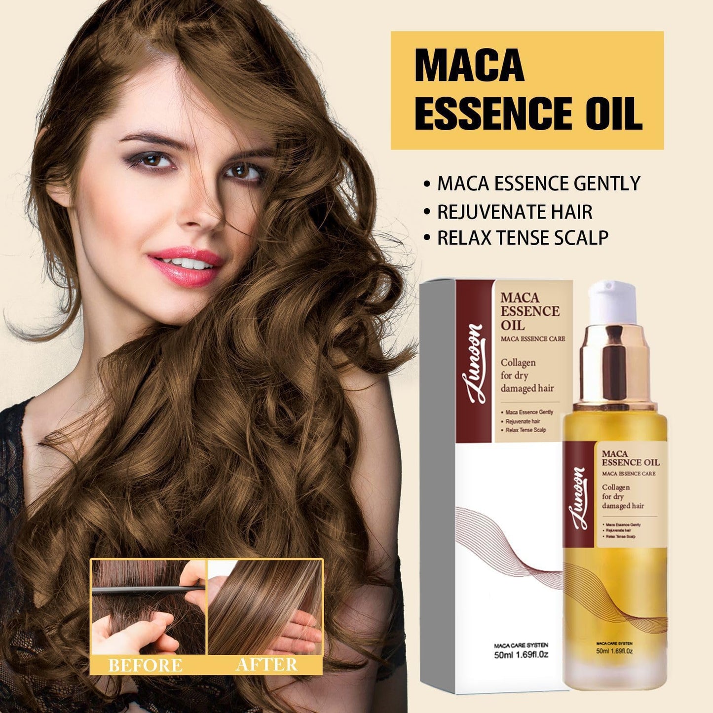 Fashion Base Hair Oil Moroccan Argan Oil for Hair & Skin - Collagens Hair Care Oil, Maca Hair Oil - Maca Essence Care Collagens For Dry Damaged Hair - Soften Smooth Hair Essence - 50ml