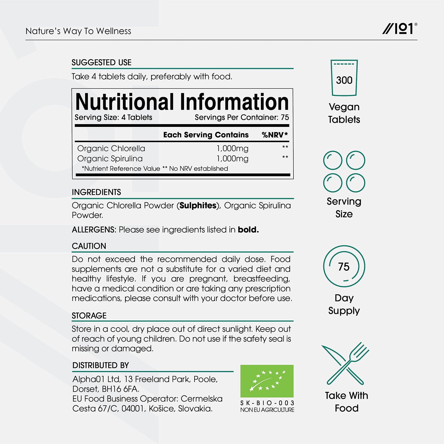 Organic Spirulina & Chlorella 2000mg - 300 Tablets - Broken Cell Wall - Pure Formula Supplement with No Additives (75 Day Supply) by Alpha01