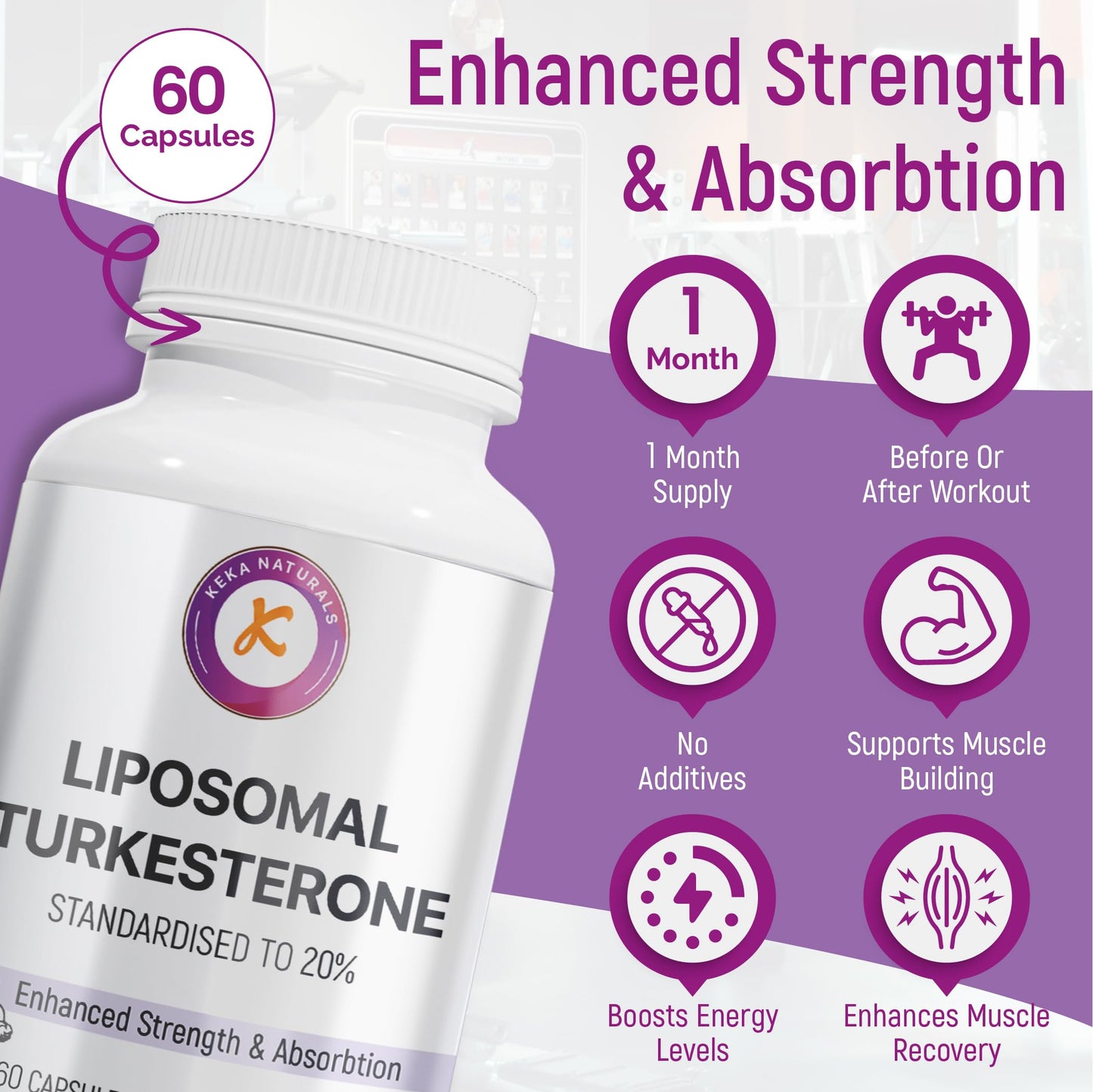 Keka Naturals Liposomal Turkesterone 2000mg, 60 Capsules, Standardised to 20%, Ajuga Turkestanica Extract, Ultra High Absorption, Strength & Muscle, No Additives, Non-GMO, 60 Capsules