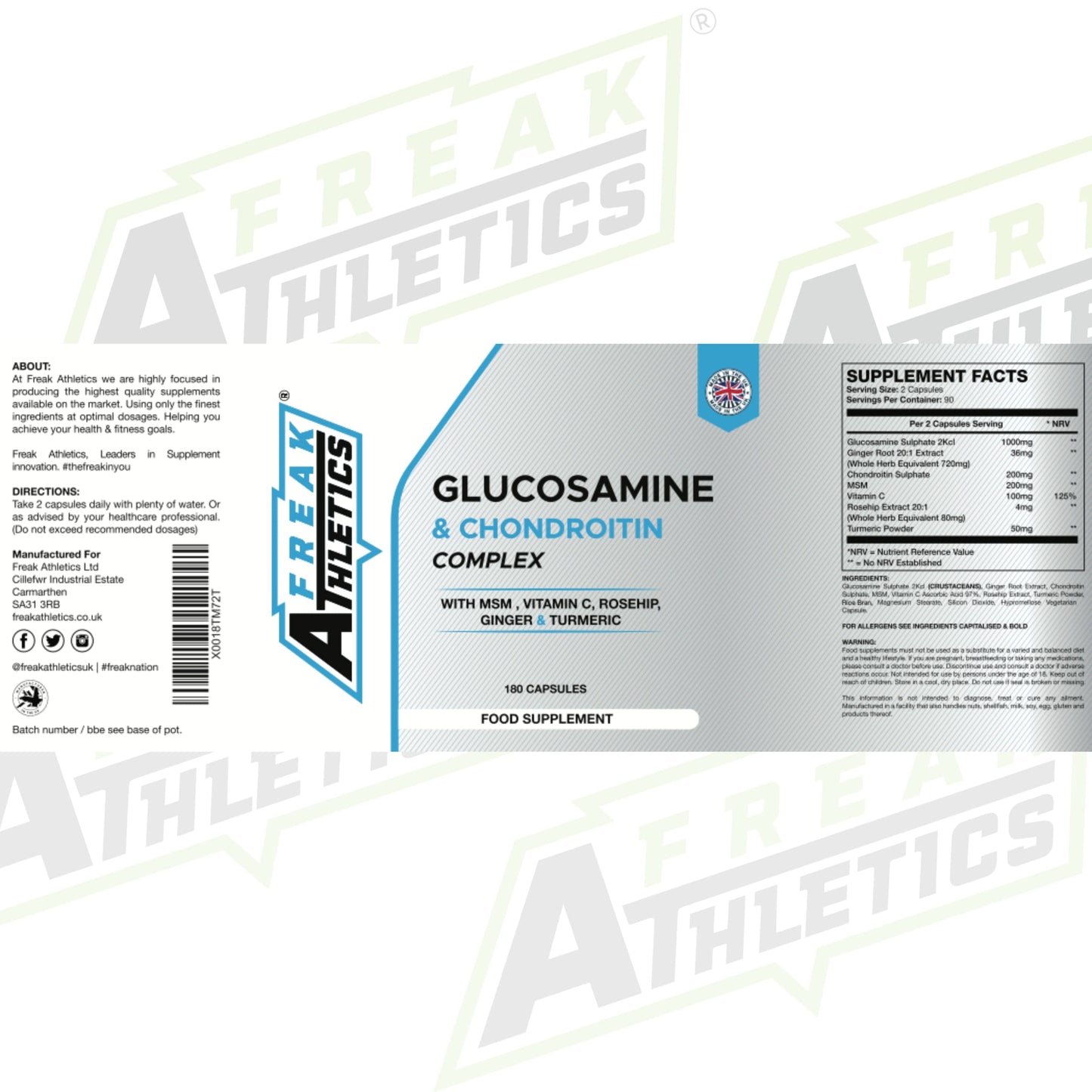 Freak Athletics Glucosamine and Chondroitin High Strength Complex - with MSM, Rosehip, Ginger & Turmeric