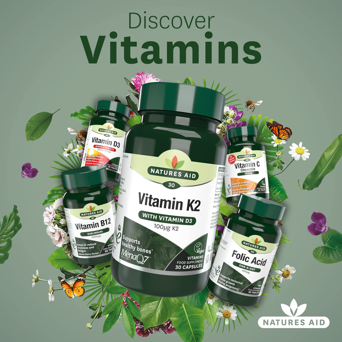Natures Aid Vitamin K2 100mcg with Vitamin D3 – High Strength MenaQ7 Formula – Supports Bone Strength, Calcium Absorption, Muscle Function – Vegan, Gluten Free, Non-GMO – 30 Capsules