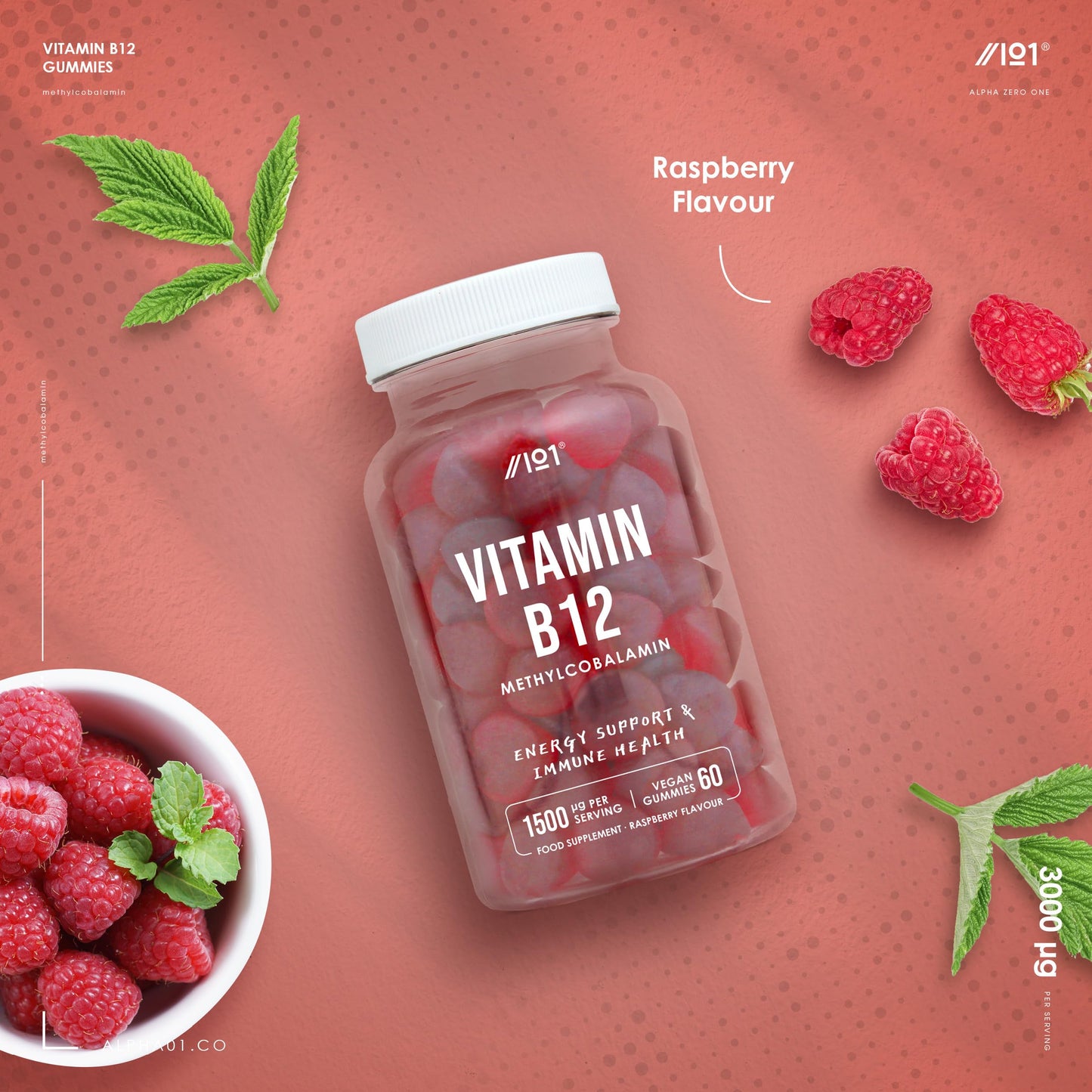 Vitamin B12 Gummies 1,500mcg (per Gummy) - High Strength Methylcobalamin Supplement - Non-GMO, Gluten Free, Raspberry Flavour - 60 Vegan Gummies.