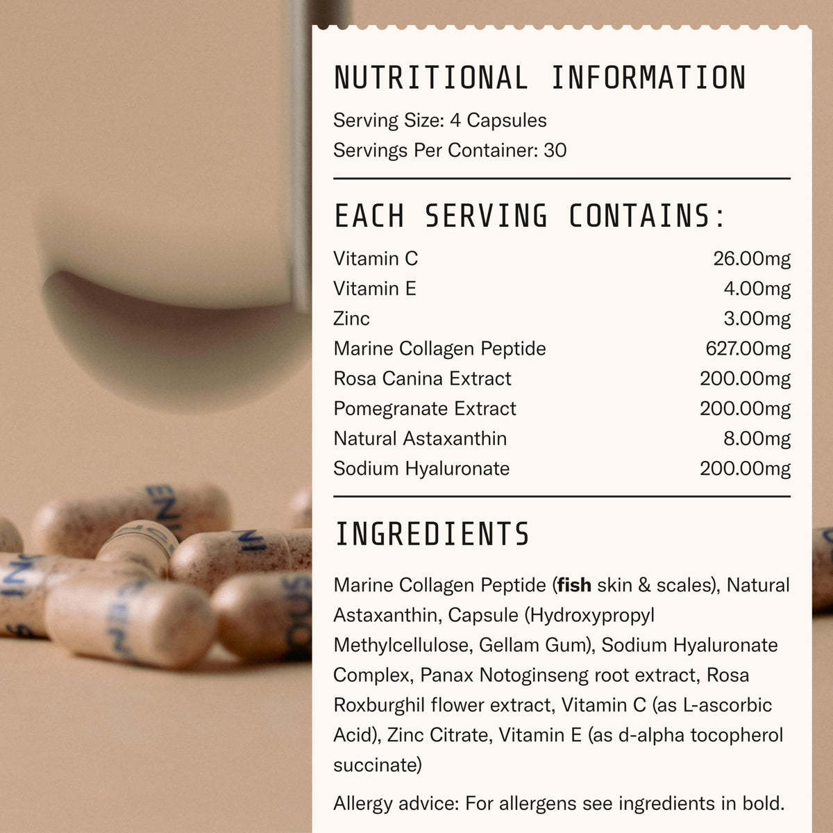 InGenious INGENIOUS Active Hydrolysed Marine Collagen Capsules, 100% Pure Marine Collagen Peptides Capsules with Hyaluronic Acid, Natural Astaxanthin, and ActiGin, Boosts Endurance and Recovery (30 Day Supply)
