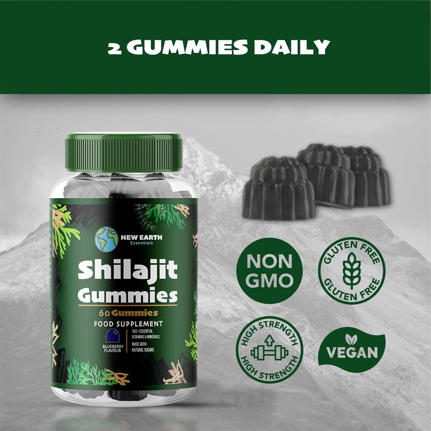 New Earth Essentials Shilajit Gummies with Sea Moss, Lion’s Mane, Ashwagandha, Turmeric, Ginger, Rhodiola, Vitamins D3 & C, Zinc, and Magnesium - 60 Vegan Gummies