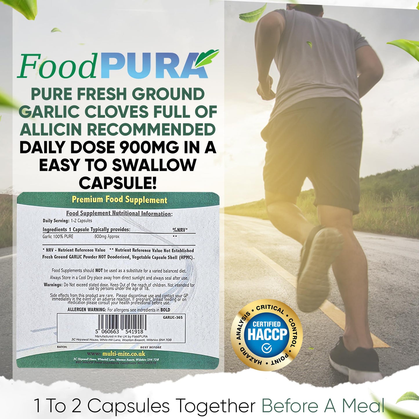 FoodPURA Pure Garlic Capsules Recommended Daily Strength 1000mg HACCP Certified, Manufactured in The UK by FoodPURA 1 Pack of 60 Capsules