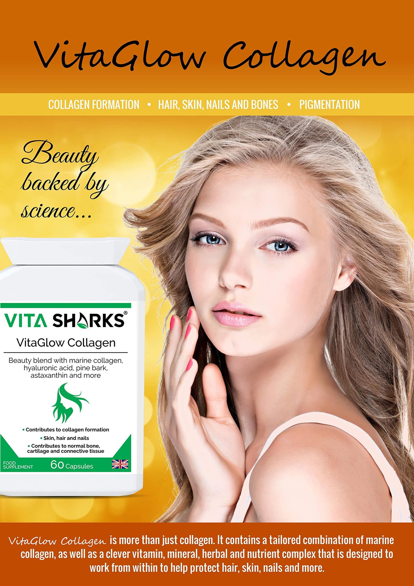 VitaGlow Collagen - Anti-Ageing Tablets with Biotin for Beautiful & Youthful, Glowing Skin, Hair, Nails, Strong Bones & Connective Tissues with Vitamin C & B3 (Contains Marine Collagen)