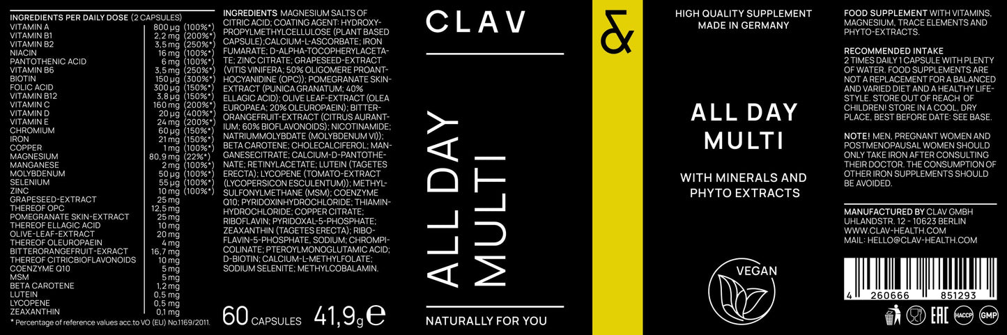 CLAV All Day Multi - A-Z Multivitamins and Minerals - 30 Valuable Vitamins, Minerals, Trace Elements & Plant Extracts - All in One Premium Multi Vitamin for Men and Women - Natural & Vegan