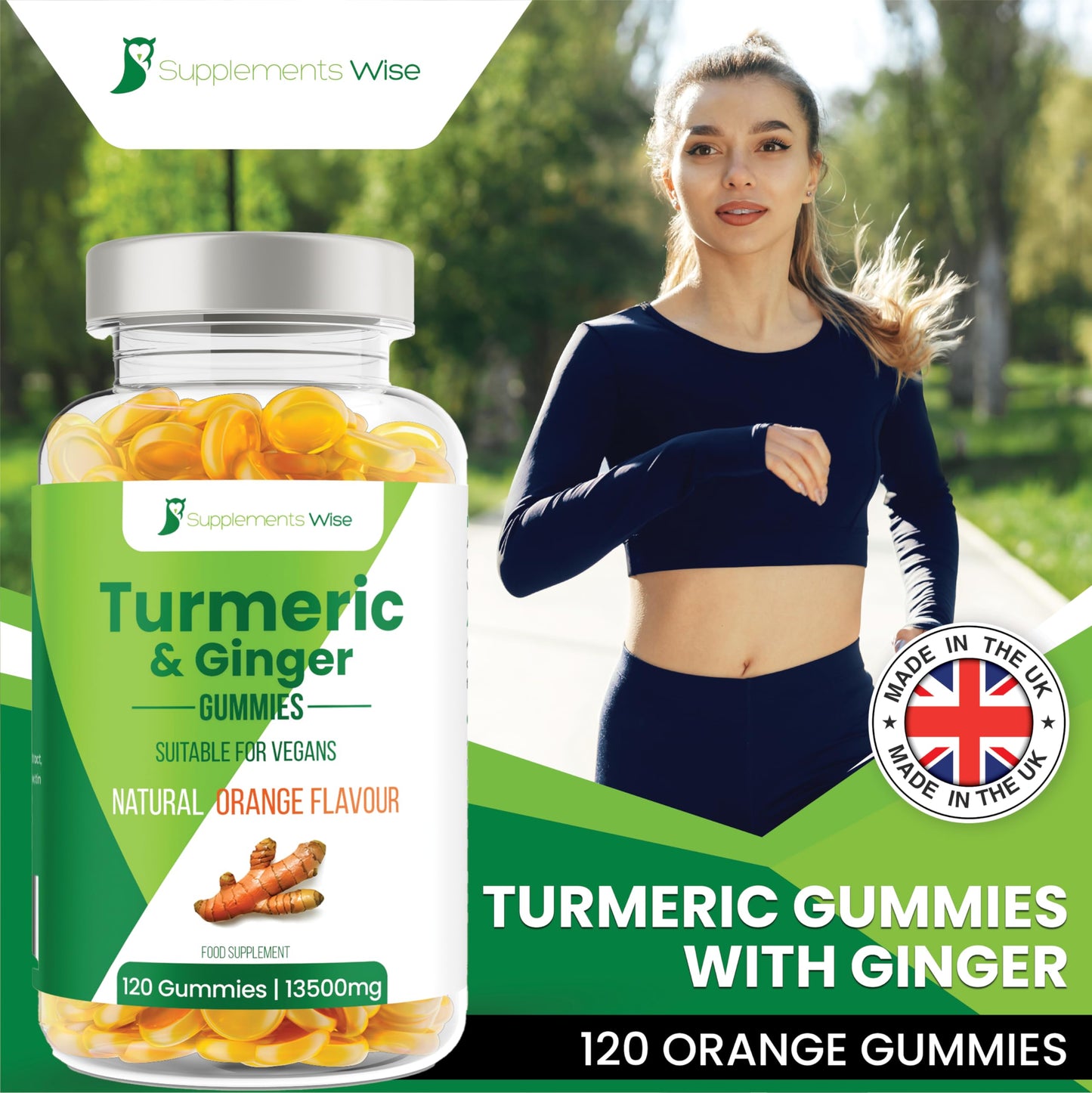 Turmeric Gummies - 120 Pack - 13500mg Per Serving - Fortified with Ginger - High Strength Turmeric Curcumin Supplement - Natural Orange Flavour - for Joint Pain - Chewable Herbal Vegan Turmeric Gummy