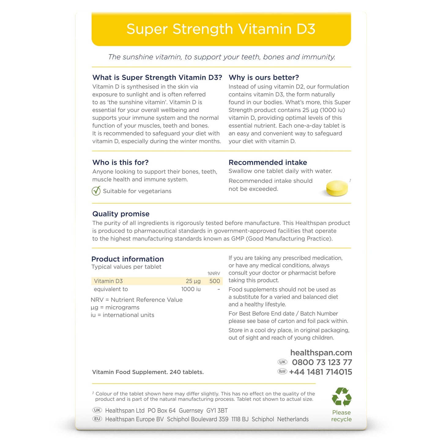 Healthspan Super Strength Vitamin D3 (240 Tablets) | Immune Health | Bone, Teeth & Muscle Health | Contains 1,000iu of Natural Source Vitamin D3 in Each Tablet | Vegetarian