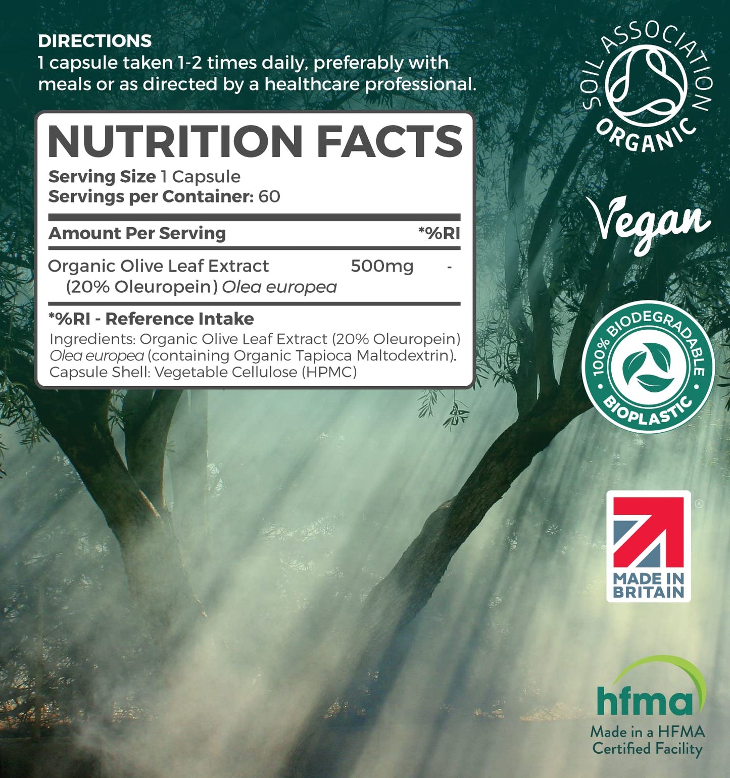 Organic Olive Leaf Extract Capsules | 500mg OLE 20% Oleuropein | Vegan & Gluten Free Herbal Supplement | Made in The UK with Olive Leaves from Spain | Biodegradable Packaging