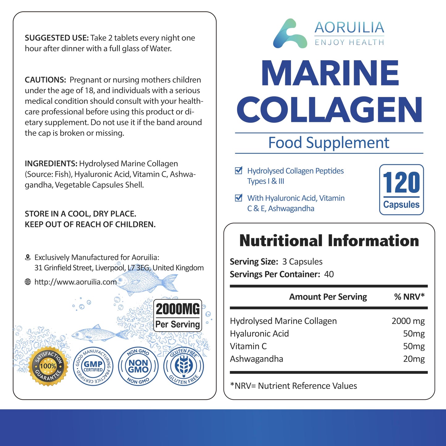 Marine Collagen Supplements for Women Men 2000mg 120 Capsules Hyaluronic Acid, Vitamin C, Vitamin E & Ashwagandha, Hydrolysed Collagen Peptides Types I & III Collagen Complex for Skin Joints Hair