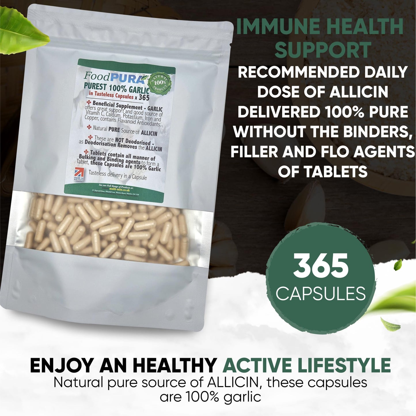 FoodPURA Pure Garlic Capsules Recommended Daily Strength 1000mg HACCP Certified, Manufactured in The UK by FoodPURA 1 Pack of 365 Capsules